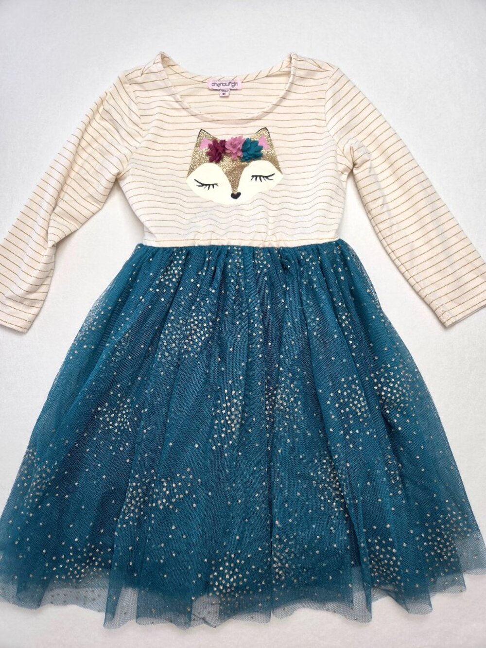Chenault Girl Girls Dress Fox Appliqué Glitter Tulle Blue Cream Girls Size 6X